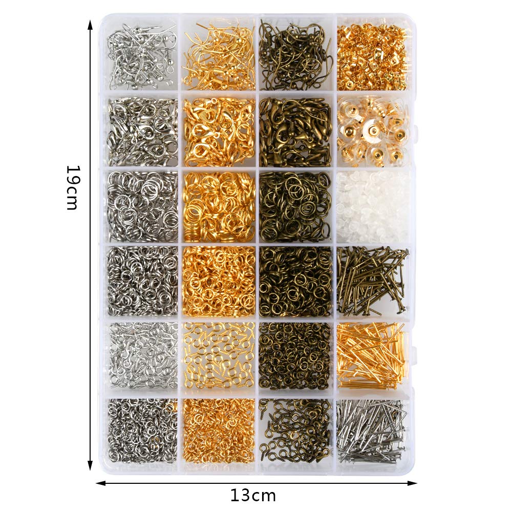 Kit De Fabrication De Bijoux 340 Pièces - Anneaux Ouverts, Fermoirs Et Capuchons En Or Et Argent, Coffret Rangement