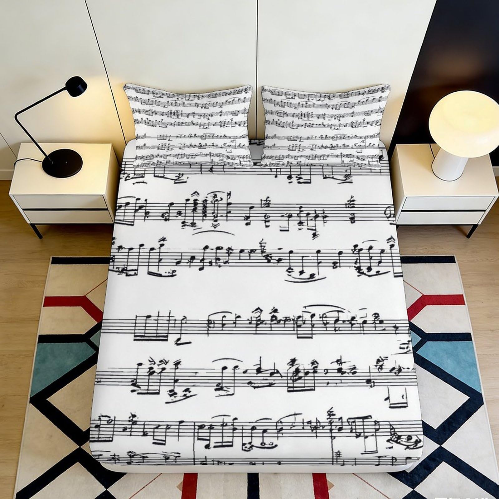 3D Printed Musical Notes Fitted Sheet Microfiber Soft White Sheet Staff Pattern Mattress Cover for Bedroom Guest Room 160x200x25cm