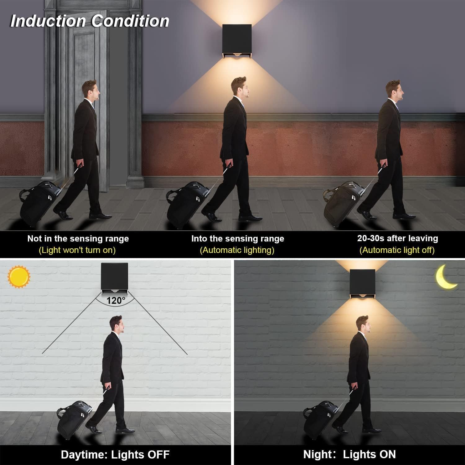 Klighten Lampy ścienne z detektorem ruchu, automatyczne włączanie/wyłączanie, 12 W, czarna lampa ścienna, ciepła biel, zewnętrzne lampy ścienne do ogrodu, ścieżki