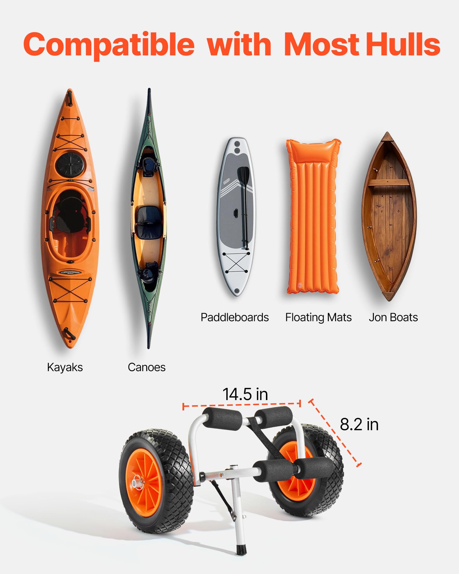 VEVOR Kajakwagen, 90 kg, Faltbarer Kanuwagen mit 25,4 cm Vollgummireifen & 1 Ratschengurt, Bootswagen zum Transportieren von Kajaks, Kanus, Paddleboards, Jon-Booten, 620x350x325 mm