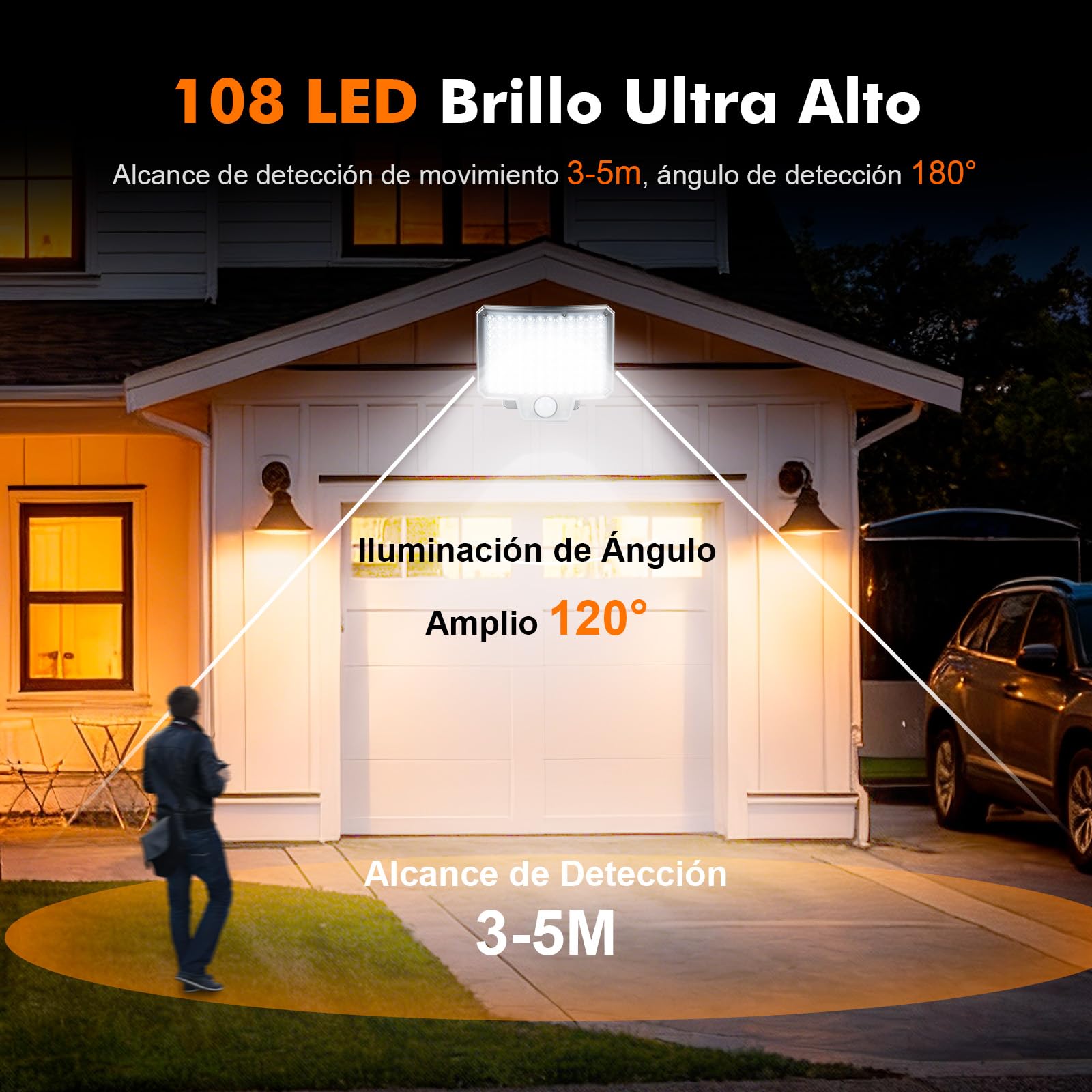 GRIFEMA GD201 Luz Solar Exterior con Sensor de Movimiento, [108 LEDs/ 3 Modos/ 1500mAH], Foco Solar Exterior con Control Remoto, IP65 Impermeable para Jardín, Garajes