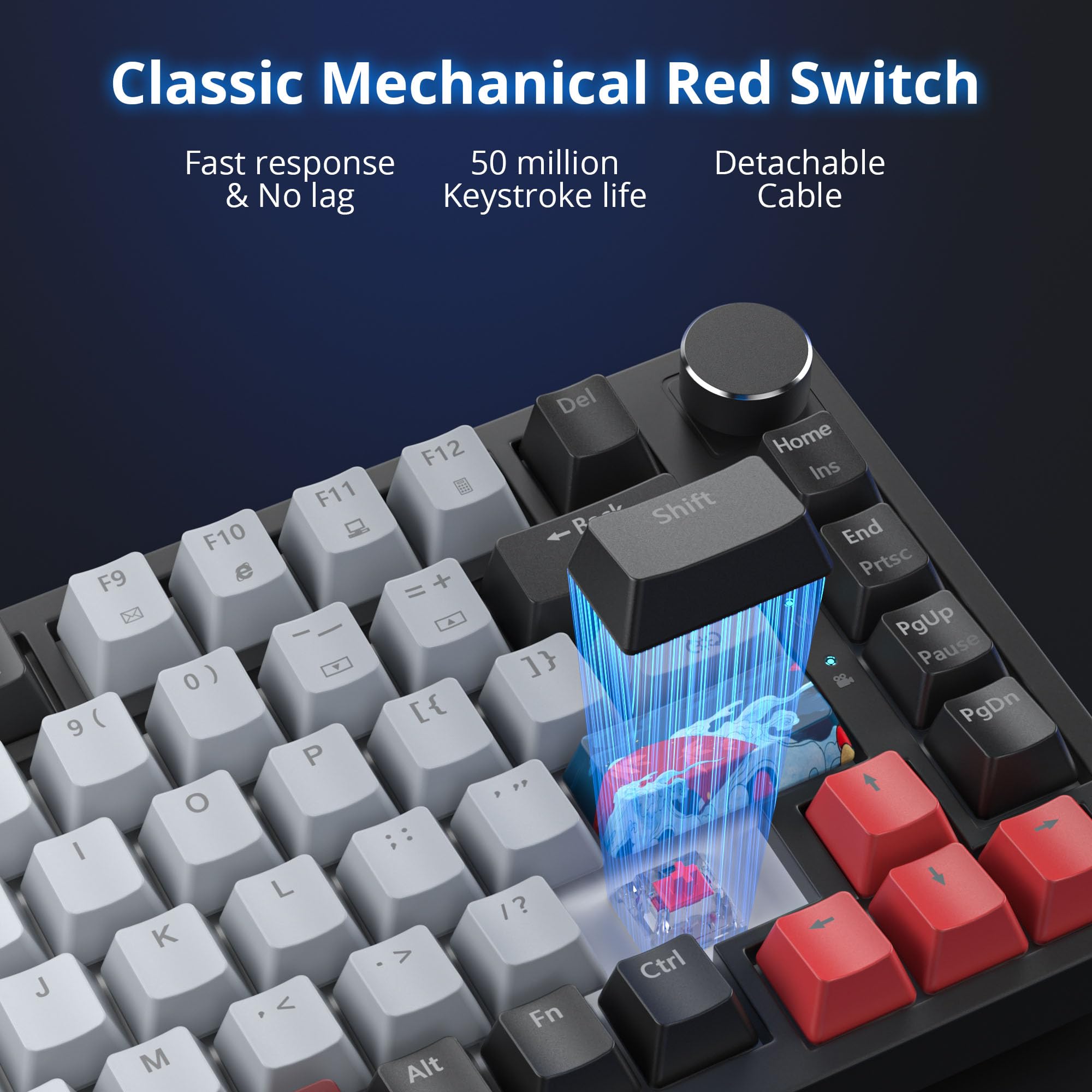 Fogruaden Teclado mecánico 75% con cable, montaje de junta intercambiable en caliente con interruptor rojo, retroiluminación RGB, 82 teclas TKL, NKRO Compact Gaming con perilla (Dolch)
