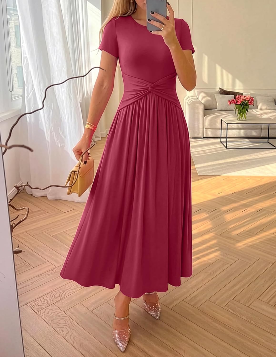 ZESICA Women's 2026 Summer Short Sleeve Maxi Dresses Twist Front Wedding Guest Cocktail Flowy A Line Long Dress - Image 5