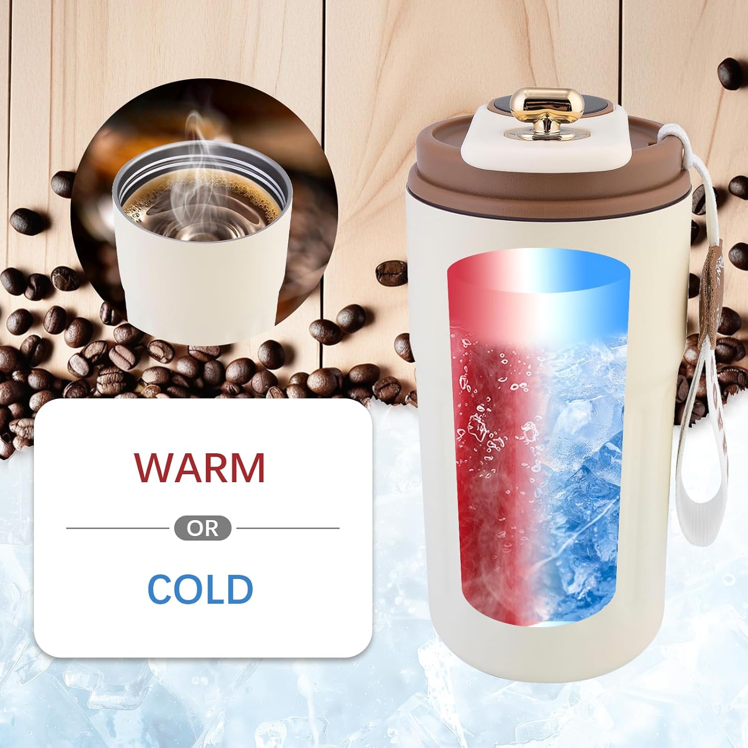 Portable Coffee Mug, Stainless Coffee Tumbler With Temperature Display, Smart insulated coffee mug with lid fot Summer Cold Storage Car (White Brown) - Image 2