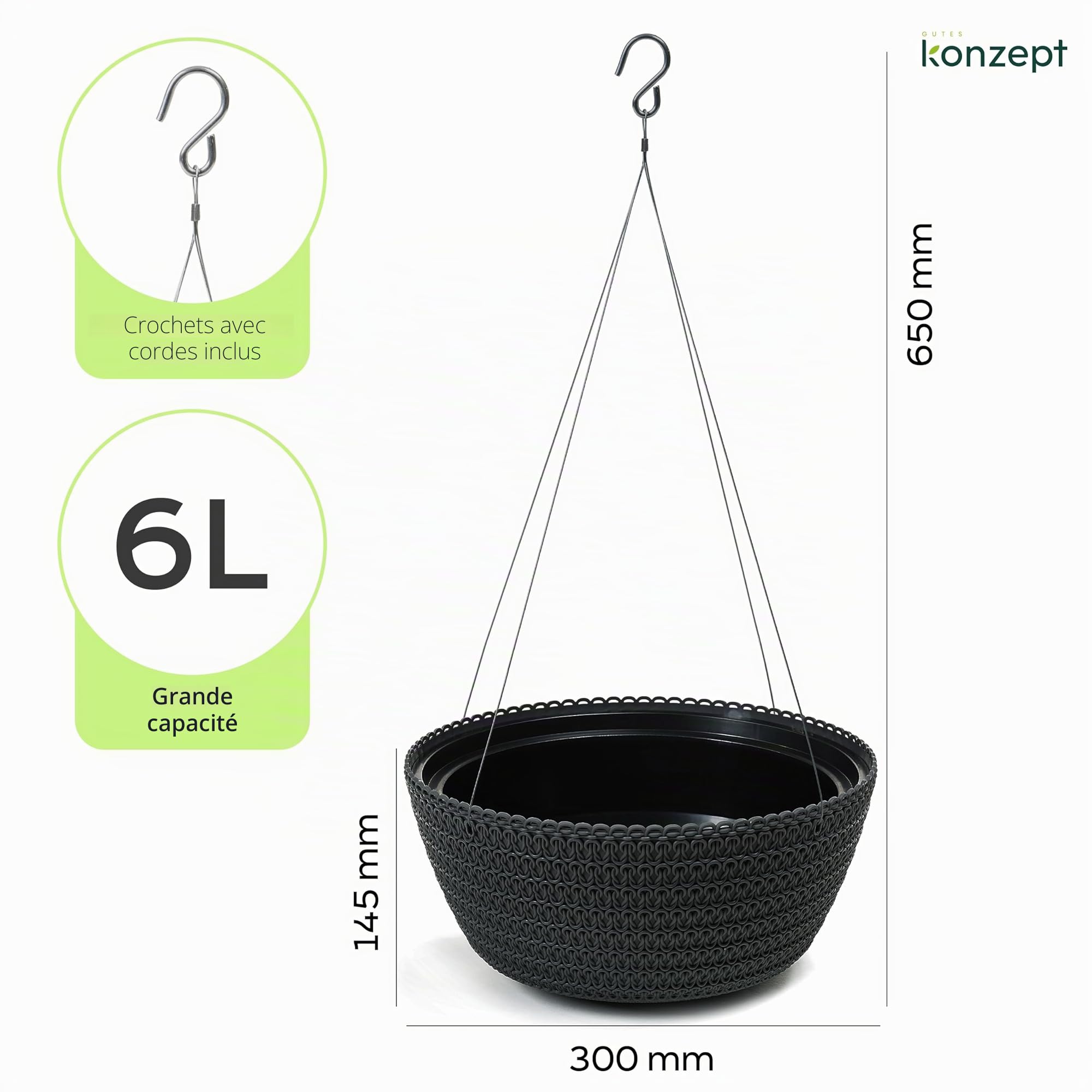 KONZEPT Pot de fleurs suspendu 30 cm Anthracite Motif tressé