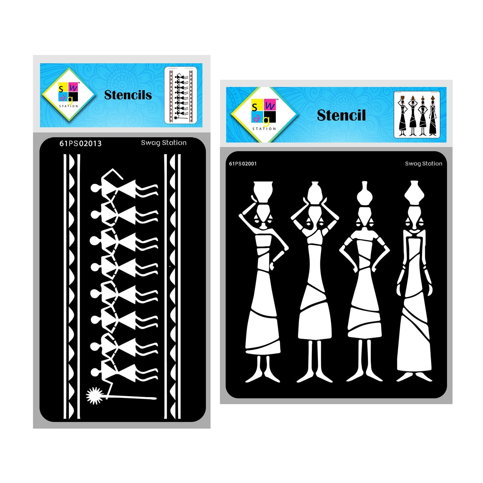 SWAGSTATION Tribal Dance Border Stencil - African Art for Craft Work (12x12 Inch & 4x8 Inch 2 Stencils) Warli Art - Wall Painting (Tribal)