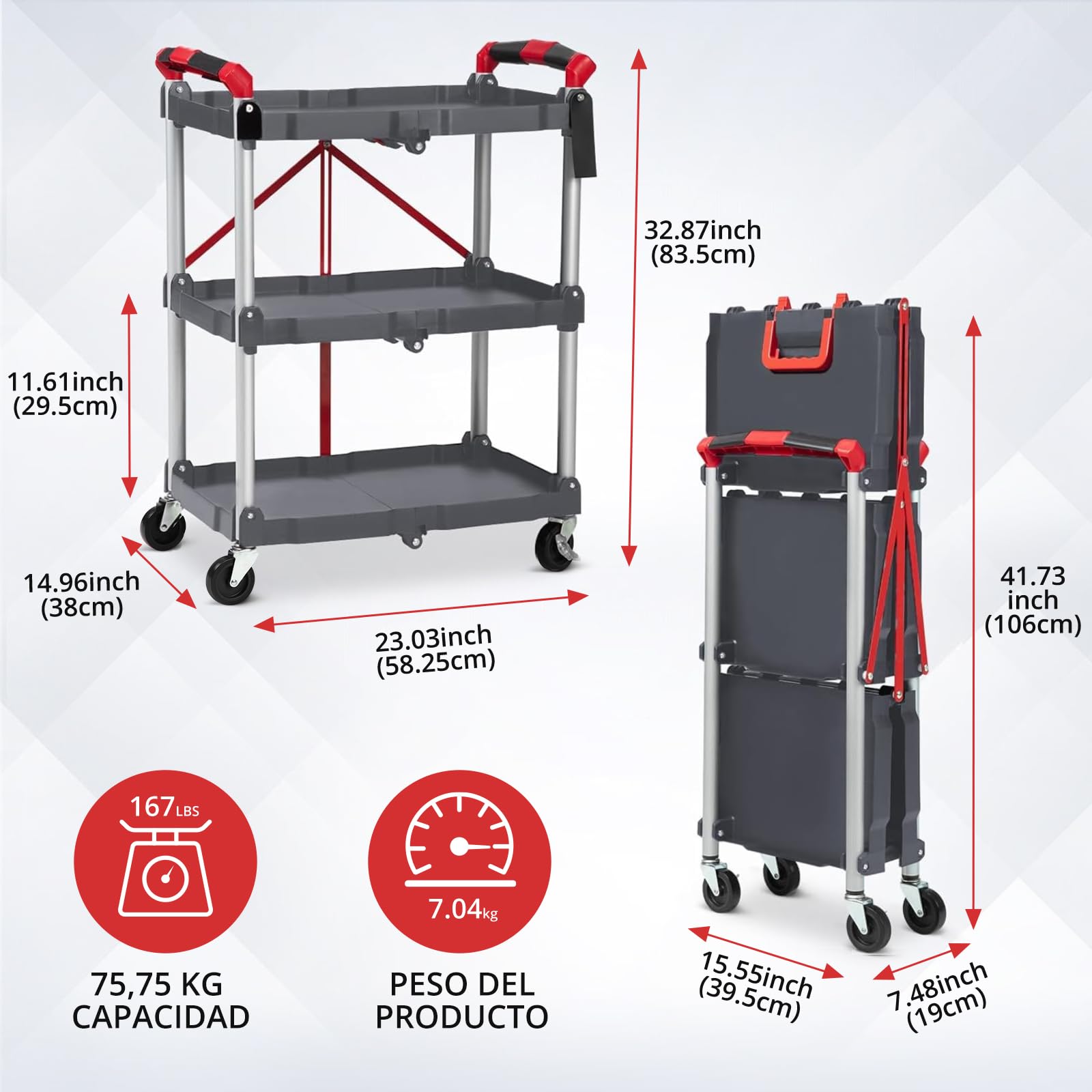 Carro Plegable de Aluminio 3 Niveles, Carrito Multiusos Ligero con Ruedas con Freno, Carro de Servicio para Oficina, Cocina, Taller y Almacén