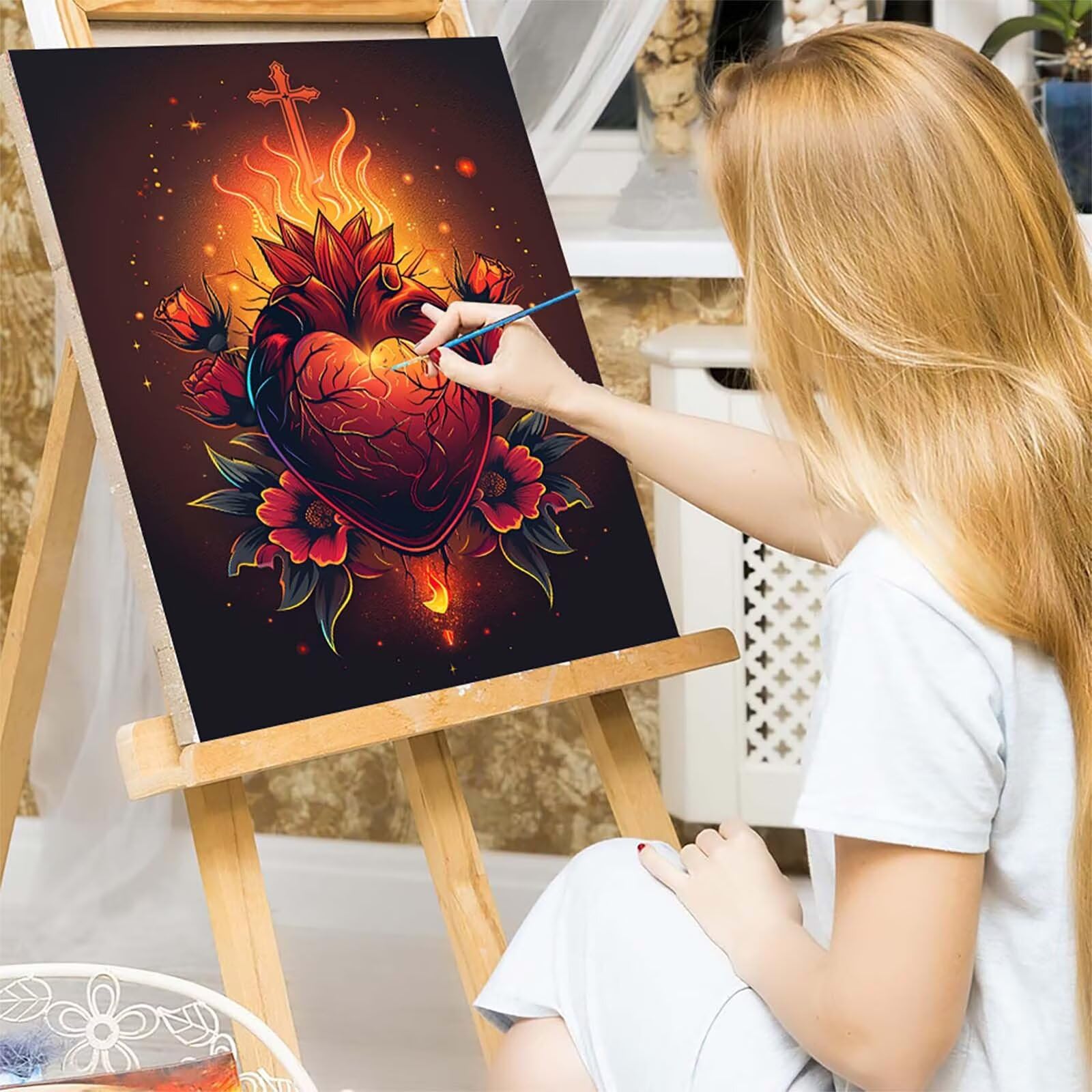 Malowanie w kształcie serca po numerach dla dorosłych, kwiat dla dorosłych, rękodzieło, akrylowy pigment, zestaw do rysowania ze pędzlami, hobby dla kobiet, dekoracja ścienna domu, prezenty dla kobiet