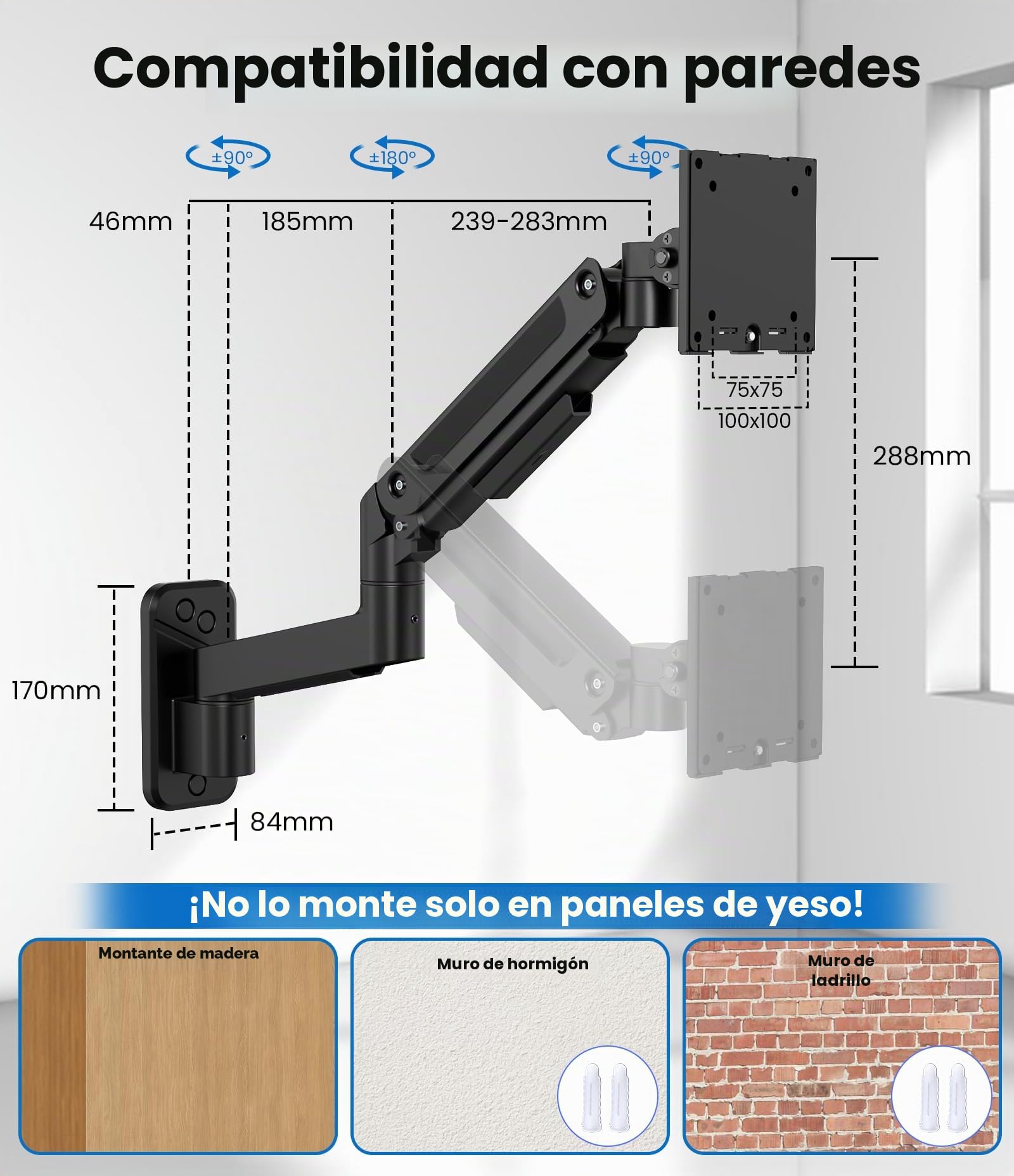 PUTORSEN Soporte Monitor Pared de 17 a 49 Pulgadas hasta 20 kg, Brazo Monitor Pared con Resorte de Gas Completamente Ajustable, Inclinación y Giro, Altura Ajustable, VESA 75/100 mm