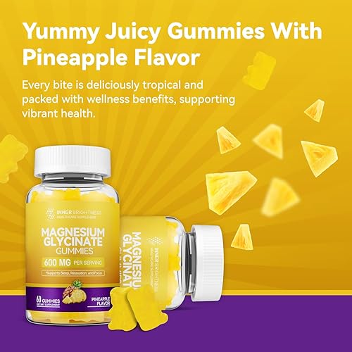 Miniatura 6 de Gomitas de glicinato de magnesio 600mg, sin OMG, sin gluten, gomitas de magnesio para adultos y niños, sueño, relajación y enfoque, sabor piña, 60