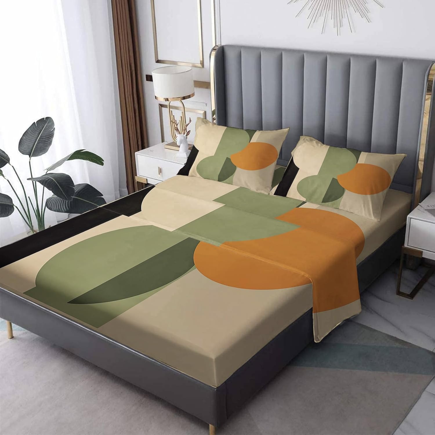 Mid Century Modern Sheets Queen Size, Neutral Geometric Bed Sheet Set, Olive Green Orange Bedding Sheet Sets 4 Piece, Soft Microfiber Deep Pocket Fitted Sheet & Flat Sheet & 2 Pillowcases