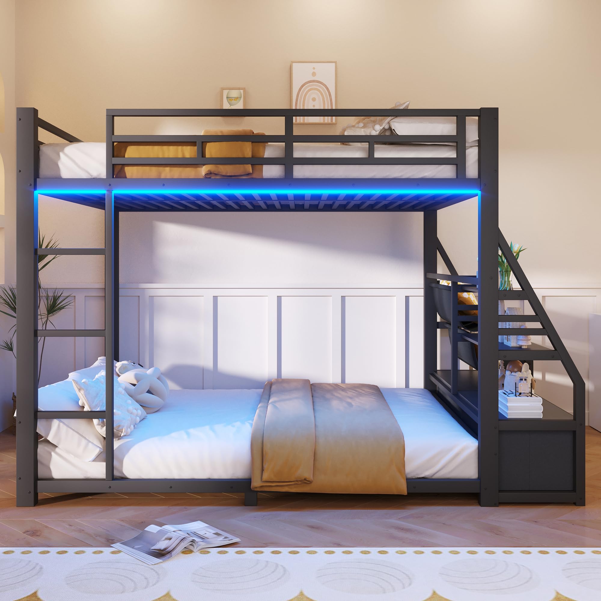 Letto a castello in metallo (140x200 cm) con illuminazione a LED e 2 cassetti in tessuto.Letto a soppalco,letto matrimoniale nero(Senza Materasso)