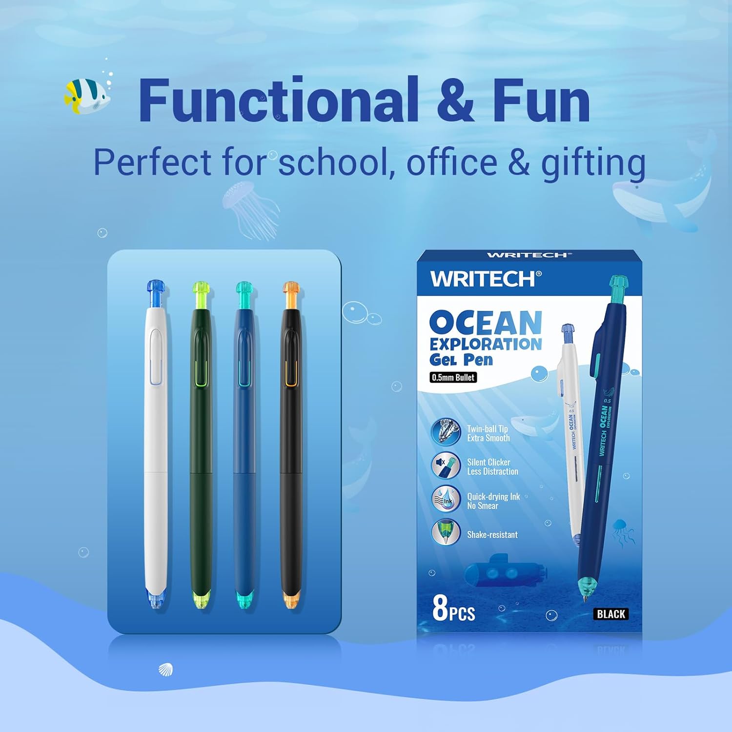 WRITECH Retractable Gel Ink Pens: 8ct Black Ink 0.5mm Fine Point Tip Click Pen for Smooth Writing Journaling Note Taking Sketching No Smudge & Smear - Image 7