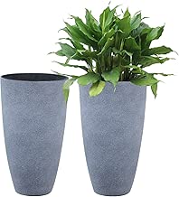 Tall Planters Set 2 Flower Pots, 20 Inch Each, Patio Deck Indoor Outdoor Garden Resin Planters, Gray - coolthings.us