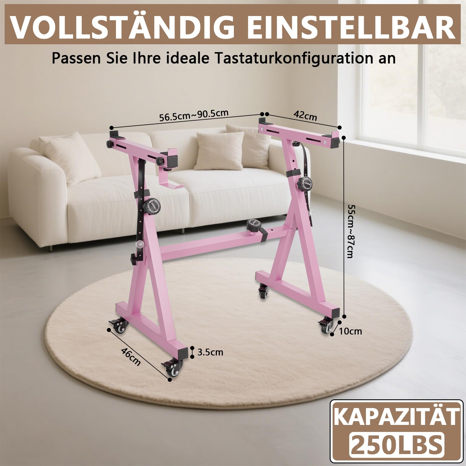 OUUTMEE Soporte para teclado, ruedas, soporte para teclado, forma de Z, ajustable, con riel deslizante, fácil de usar (Z-Rosa) | Con ruedas, fácil de usar, rango de altura: 55 – 87 cm, con soporte para auriculares, adecuado para ejercicios y actuaciones