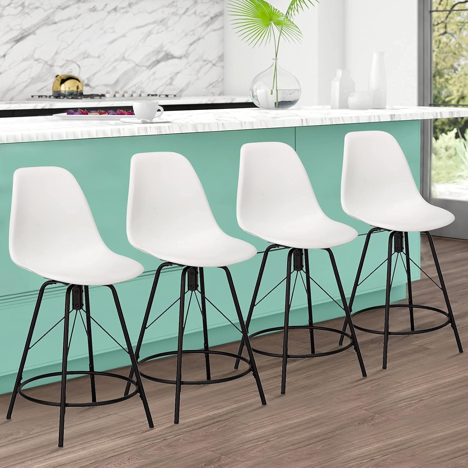 Haobo Metal Bar Stools, Counter Height Stools Plastic Seat Swivel Chairs Set of 4 for Indoor, Outdoor, Home, Kitchen Dinning Chairs, Bar Counter, Business (30", 06 Swivel White)