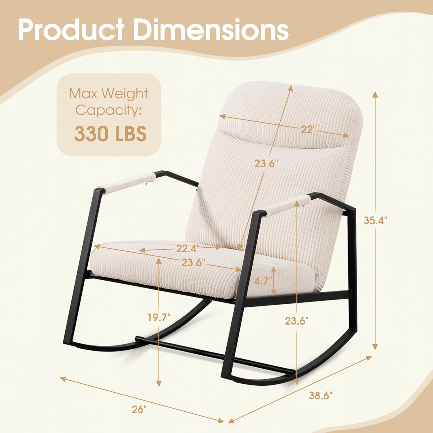 HOMEFUN Nursery Rocking Chair,Patio Rocking Chair,Upholstered Glider Rocker with Padded Seat and High Backrest Safe and Comfy Armchair for Living Room Office,Front Porch, Garden, Patio, Backyard Cream