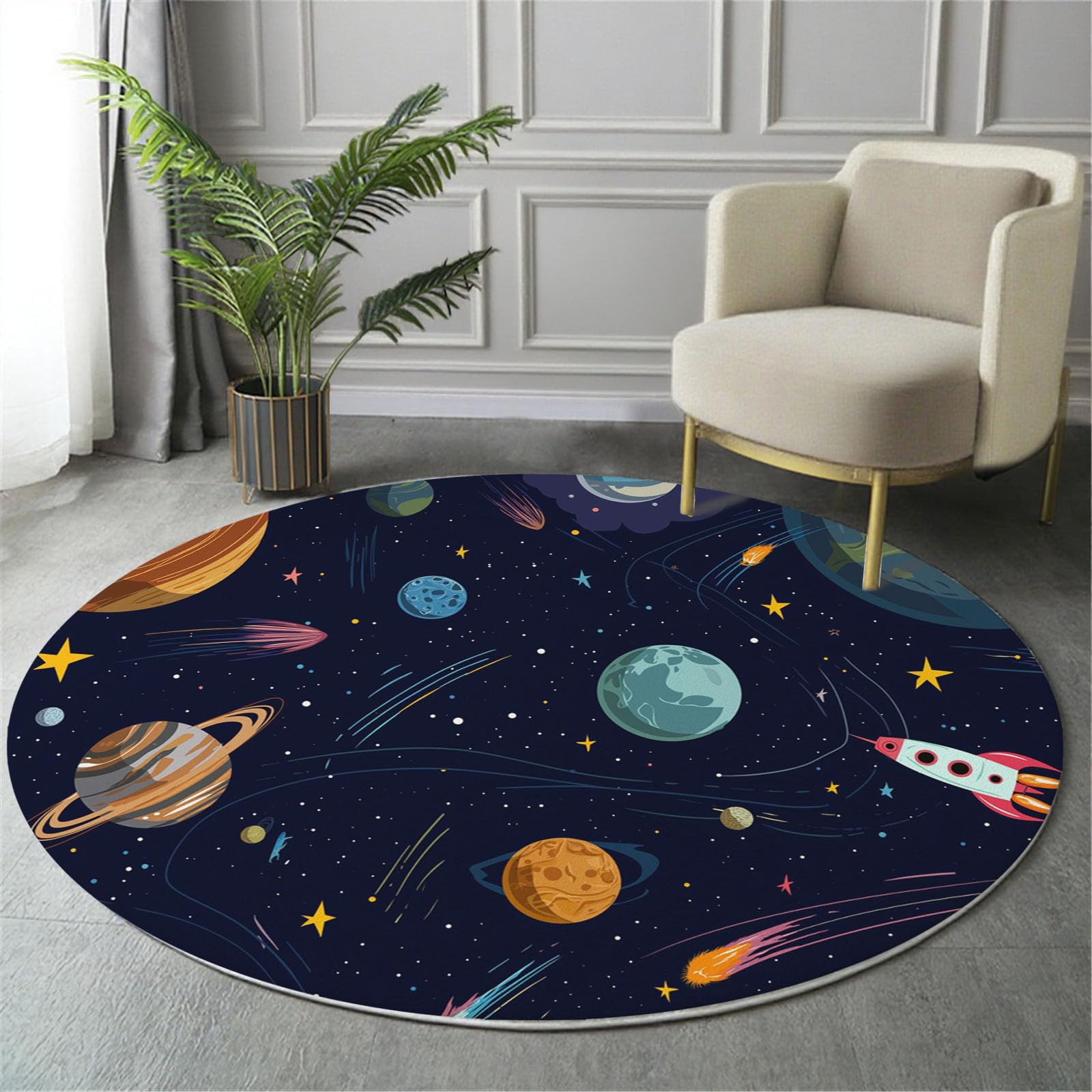 Cartoon-Weltraum-Hintergrund Maschinenwaschbarer Runder Teppich–Weich Pflegeleicht Mit Planet Raketenmuster Print-Muster, Anti-Rutsch Teppich Für Wohnzimmer Und Küche,100Cm,Dunkelblau