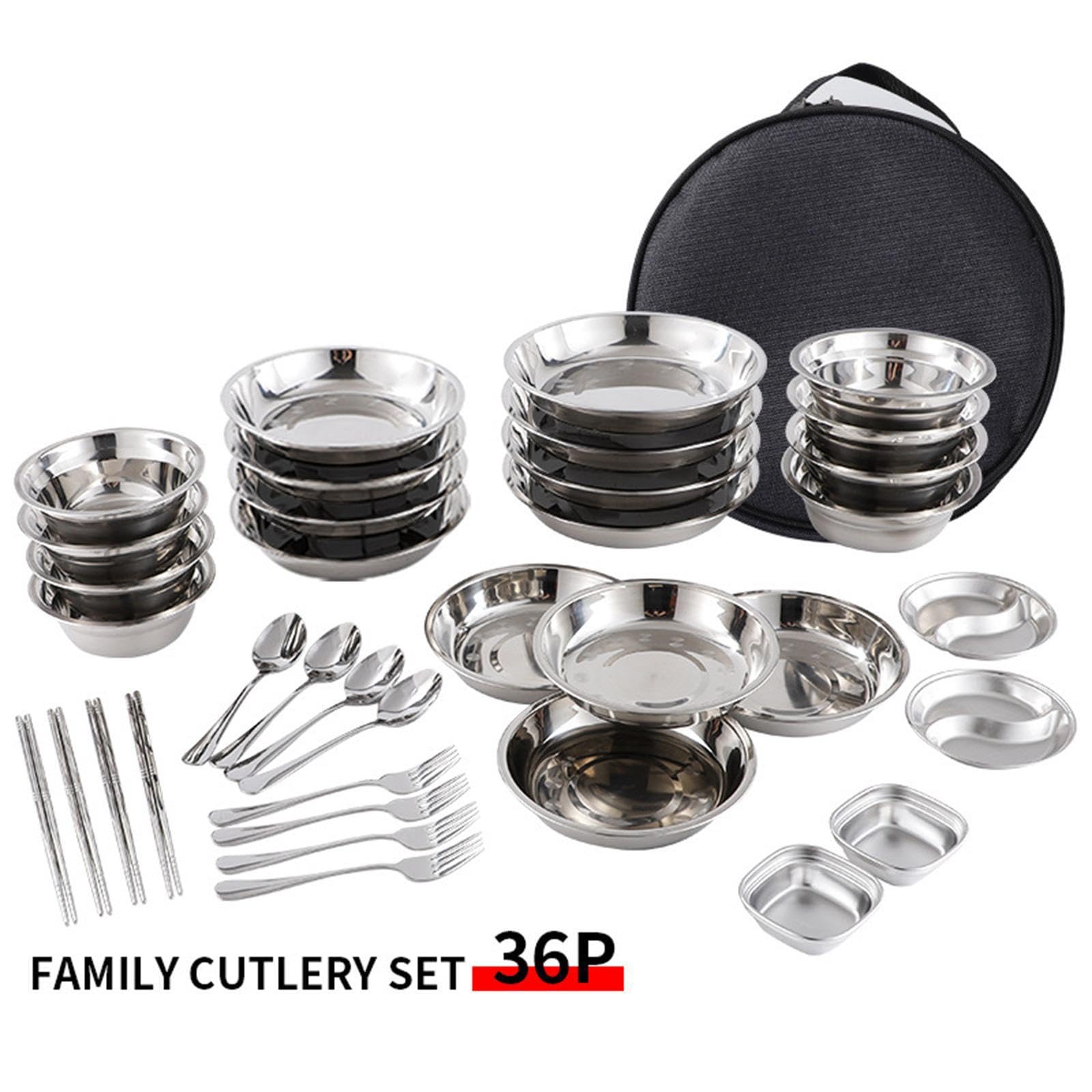Juego de cocina portátil para exteriores, platos y cuencos de acero inoxidable, utensilios de camping para una limpieza fácil, juego de cubiertos, 36 piezas