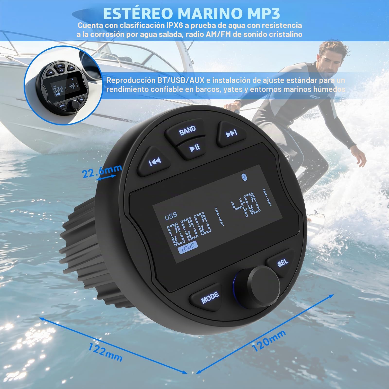 Receptor de Estéreo Marino MP3 con Función de Radio Digital Am/FM, USB, BT y Resistencia al Agua IPX6, Ideal para Barcos, Lancha y Uso Profesional | Digital Am/FM, USB, BT y Resistencia al Agua IPX6, Ideal para Barcos, Lancha y Uso Profesional
