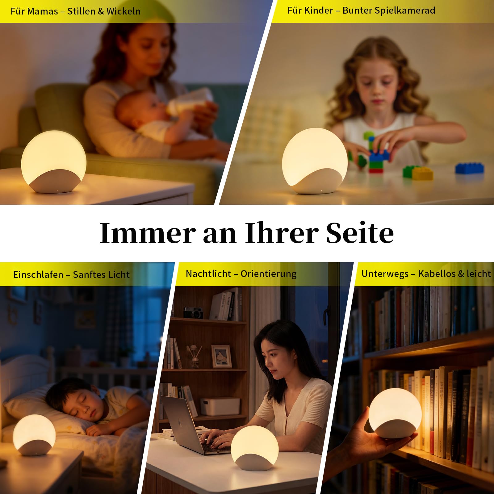 Luce notturna morbida con 8 cambi di colore e timer, intensità regolabile con semplice tocco, lampada da comodino a LED RGB ricaricabile per la cameretta dei bambini, senza BPA e rispettosa