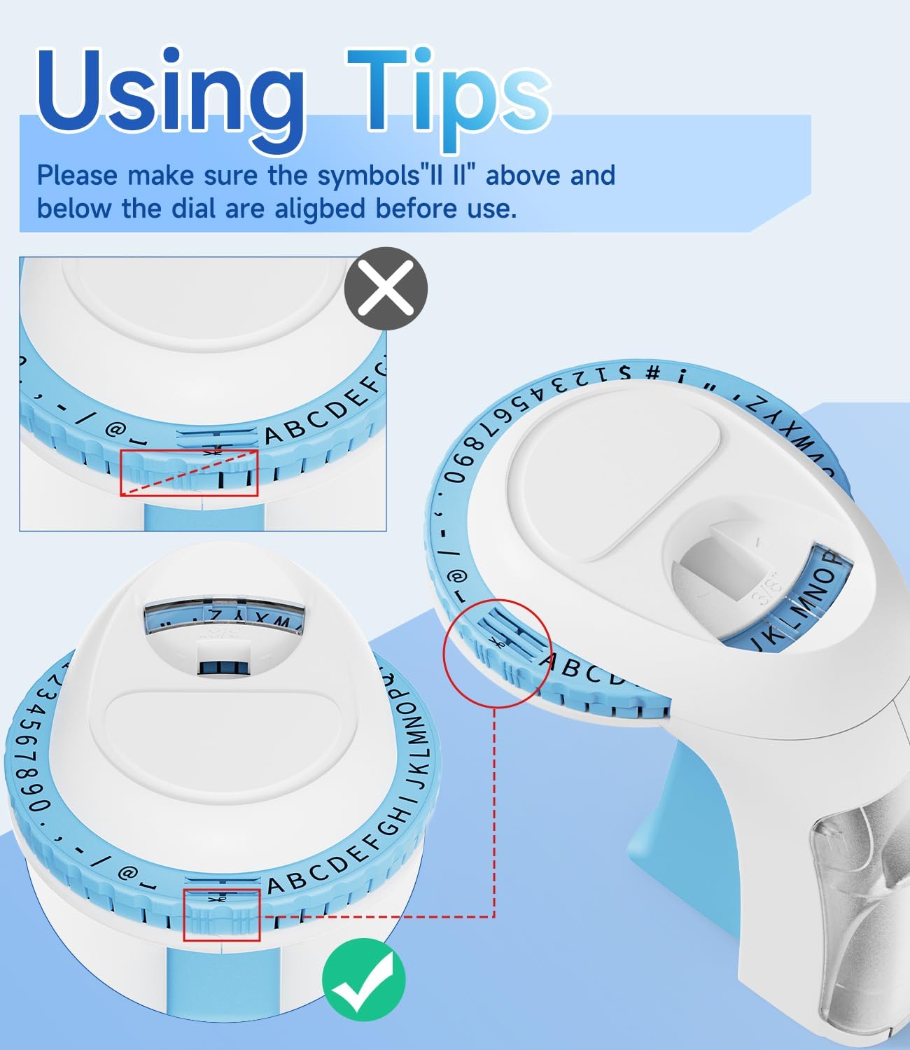 Close-up image showing correct and incorrect alignment of the character dial on the Labelife Omega S label maker