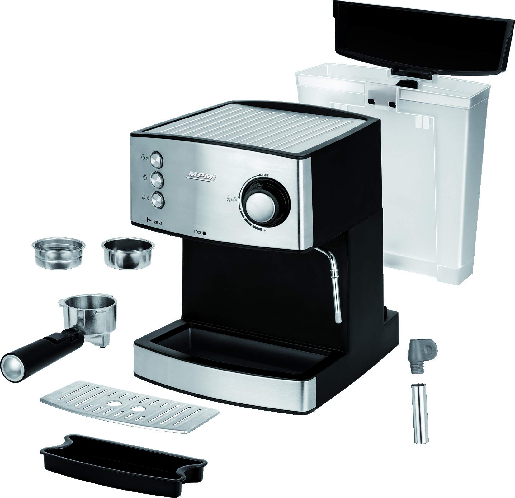 MPM MKW-06M Macchina per caffè Espresso e Cappuccino da 20 Bar, Ugello per il Latte, Scaldatazze, Serbatoio dell'acqua Rimovibile da 1,7 Litri, Sistema THERMOBLOCK 850W, Nero/Acciaio Inox.
