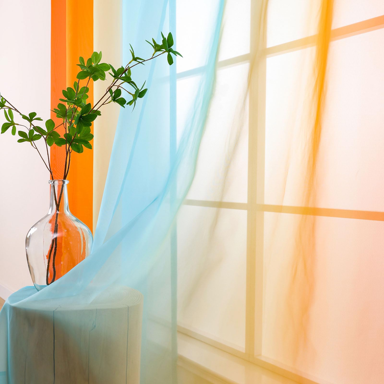 L.Z.E Blue and Orange Sheer Voile Curtains for Living Room Eyelet Ombre Sheer Curtains & Drapes for Kids Boys Girls Room Bedroom Window Transparent 175 cm Short Colour Gradient (55 Wide x 70 Drop) - Image 4