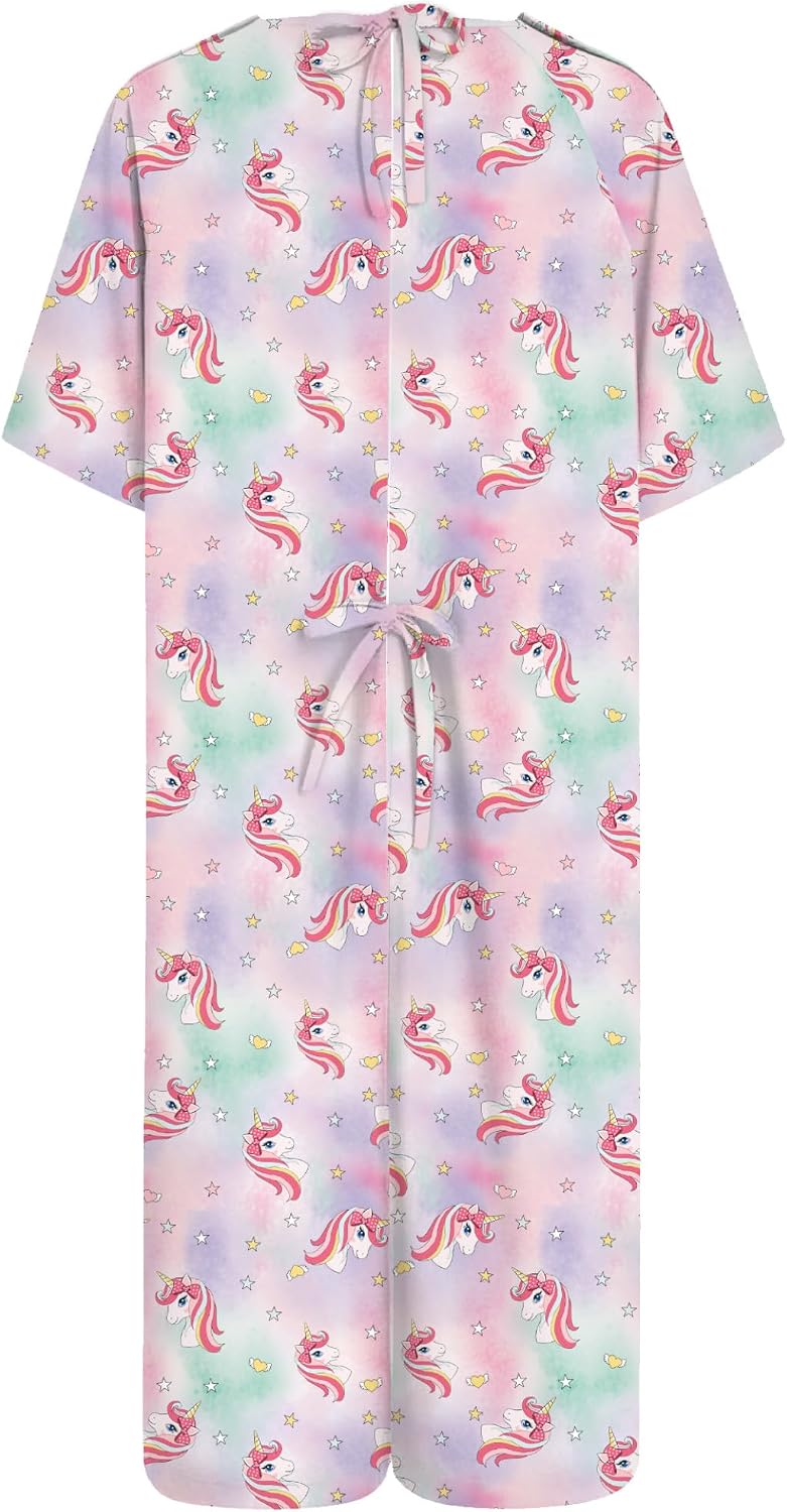 Jugaoge Girls Hospital Gown Scrub Dress Short Sleeve Cute Pattern Full Open Back Adaptive Gown for Special Needs Kids
