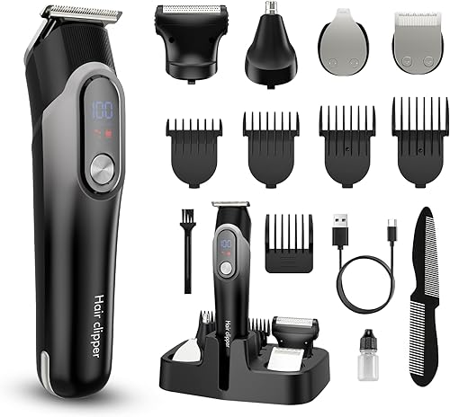 Miniatura 11 de Cortadora de barba para hombres, maquinilla de afeitar eléctrica 5 en 1 para hombres, cortadora de pelo inalámbrica, kit de aseo impermeable