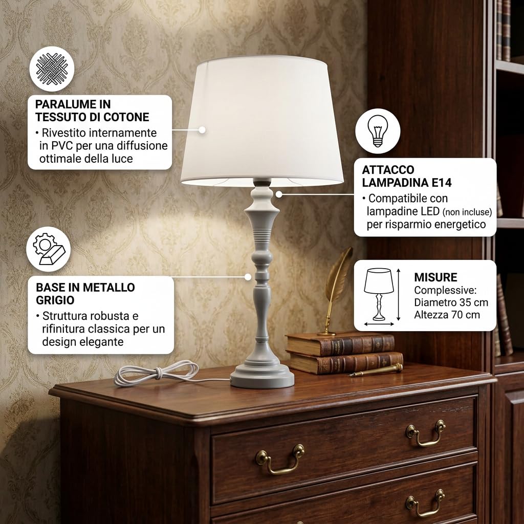 DiKasa Lampada da Tavolo Classica Alta in Metallo Grigio con Paralume in Cotone Bianco, Design Elegante e Slanciato con Attacco E14 per Soggiorno Camera Ufficio Ø35x70 cm