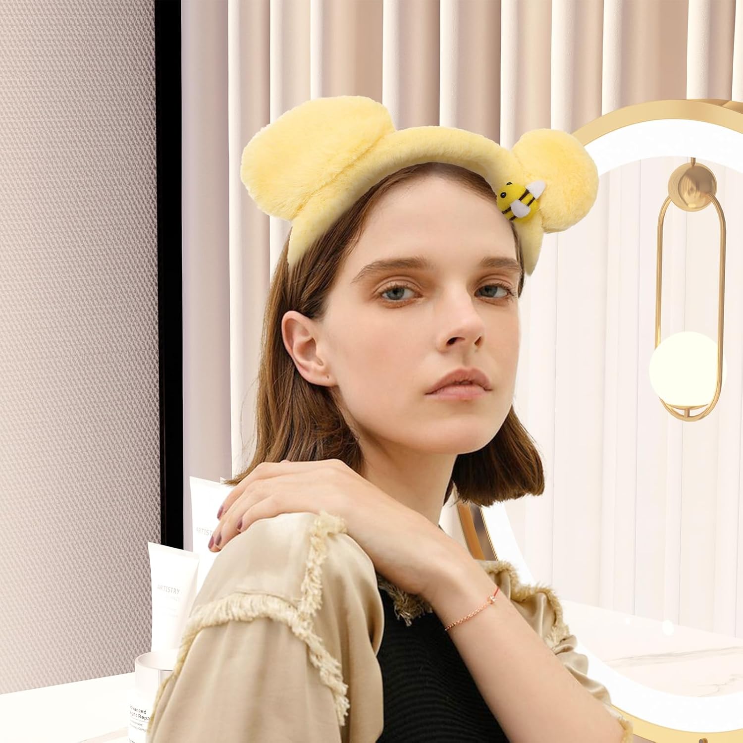 Yellow Bear Ears Headband, Cute Bear Headband, with Bee, Bear Costume for Halloween Festival Cosplay Party, Suitable for All Ages, Daily Use, Parties, Role Play