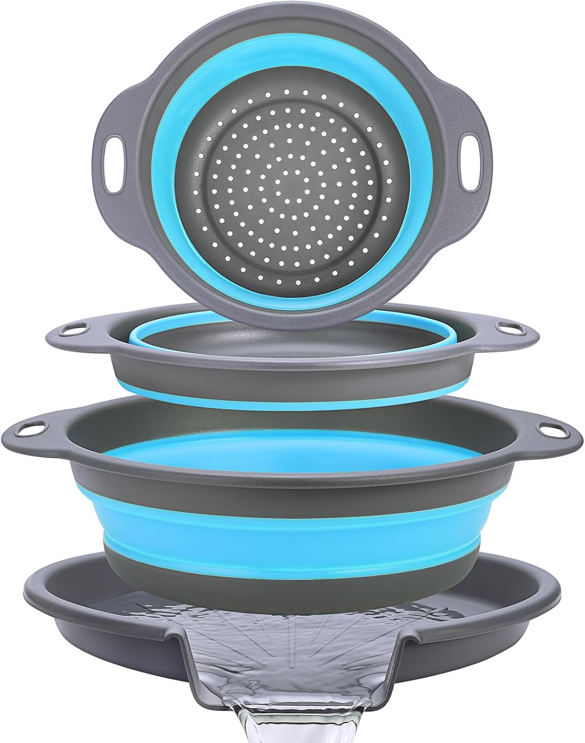 Collapsible Colander Set with Universal Draining Tray | 3-Pack Foldable Kitchen Strainers + Base | Space Saving for Pasta, Veggies, Fruit & Rice | 5 Colors (Gray-Blue) Collapsible Colander Set with Universal Draining Tray | 3-Pack Foldable Kitchen Strainers + Base | Space Saving for Pasta, Veggies, Fruit & Rice | 5 Colors (Gray-Blue)