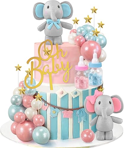 49 piezas de decoración de pastel de elefante Oh Baby Cake Topper de bolas de perlas para tartas, mini botella de leche, decoración de pastel de