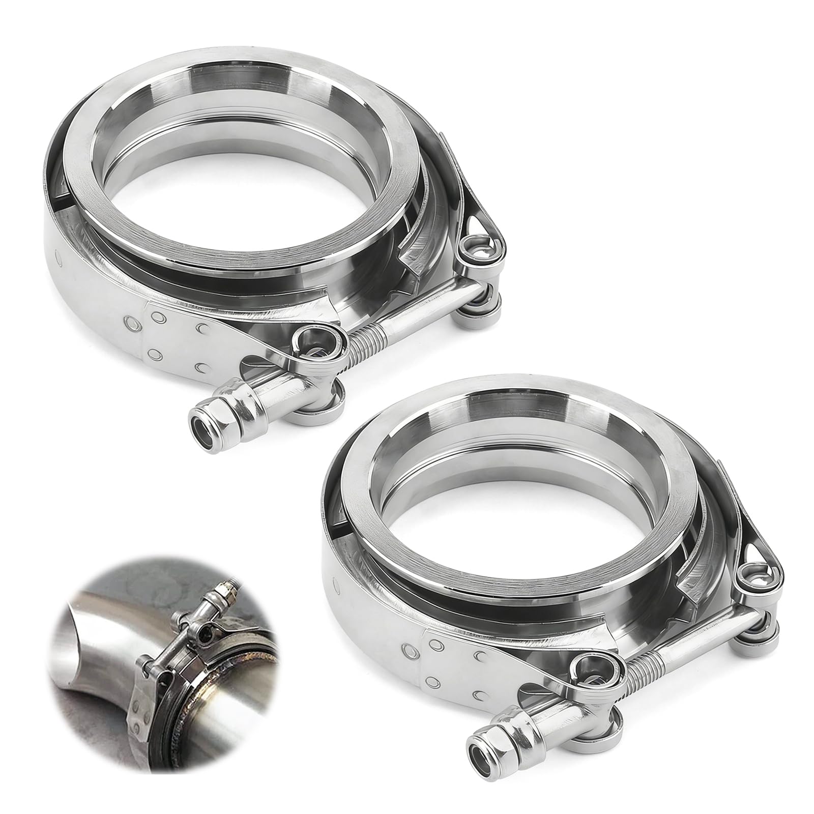 Kit De 2 Colliers De Serrage V-Band En Acier Inoxydable ø 63,5 Mm (2,5") Kit De Colliers V-Band Pour éChappement Automobile Avec Bagues De Centrage Et Collier Pour Durite De Turbo Couleur Argent