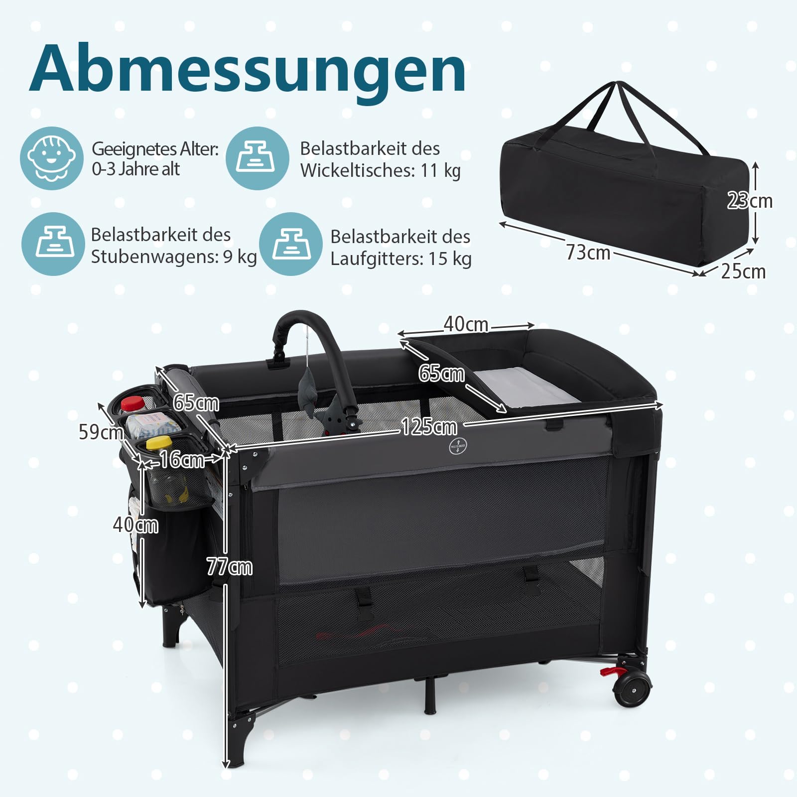 COSTWAY 5 in 1 Beistellbett, Reisebett Baby mit Matratze, Babybett höhenverstellbar mit Wickelauflage, Mosktionetz & Spielbogen, Stubenwagen mit Rollen & Tragetasche für bis 36 Monaten, Schwarz