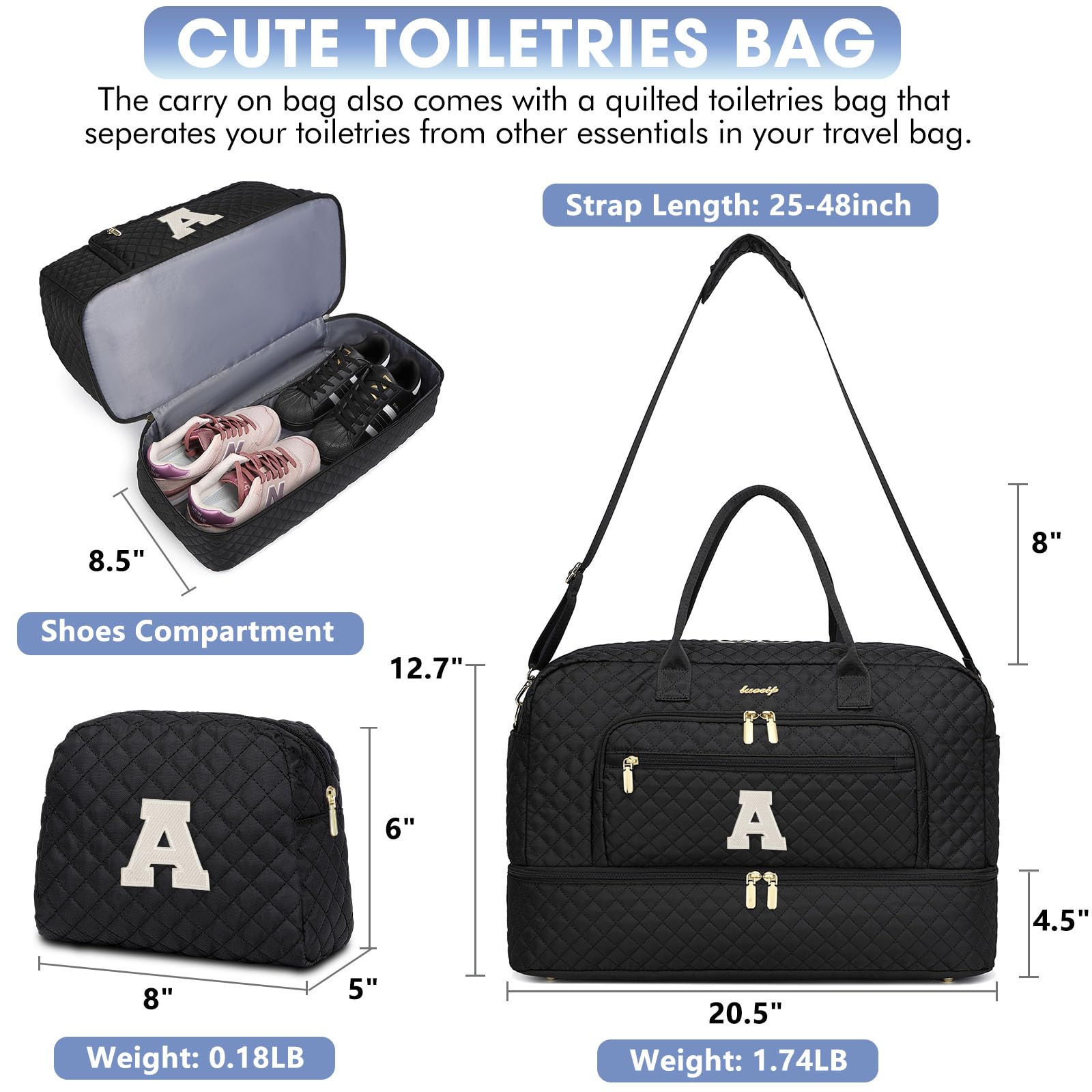 Initial Travel Duffle Bag for Women - Black Personalized Weekender Bags Overnight Bag with Shoe Compartment & Wet Pocket Weekend Tote Bags with Toiletry Bag Monogram Gifts (Letter A) view 2