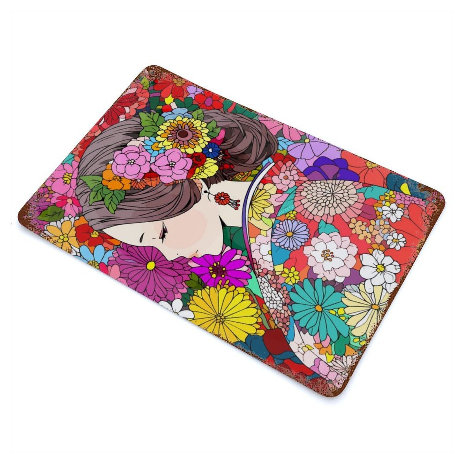 Garage Style Japan Girl Kimono Floral Rustic Tin Plaque 11.8"x7.9", Classic Wall Plaque for Bar And Workshop