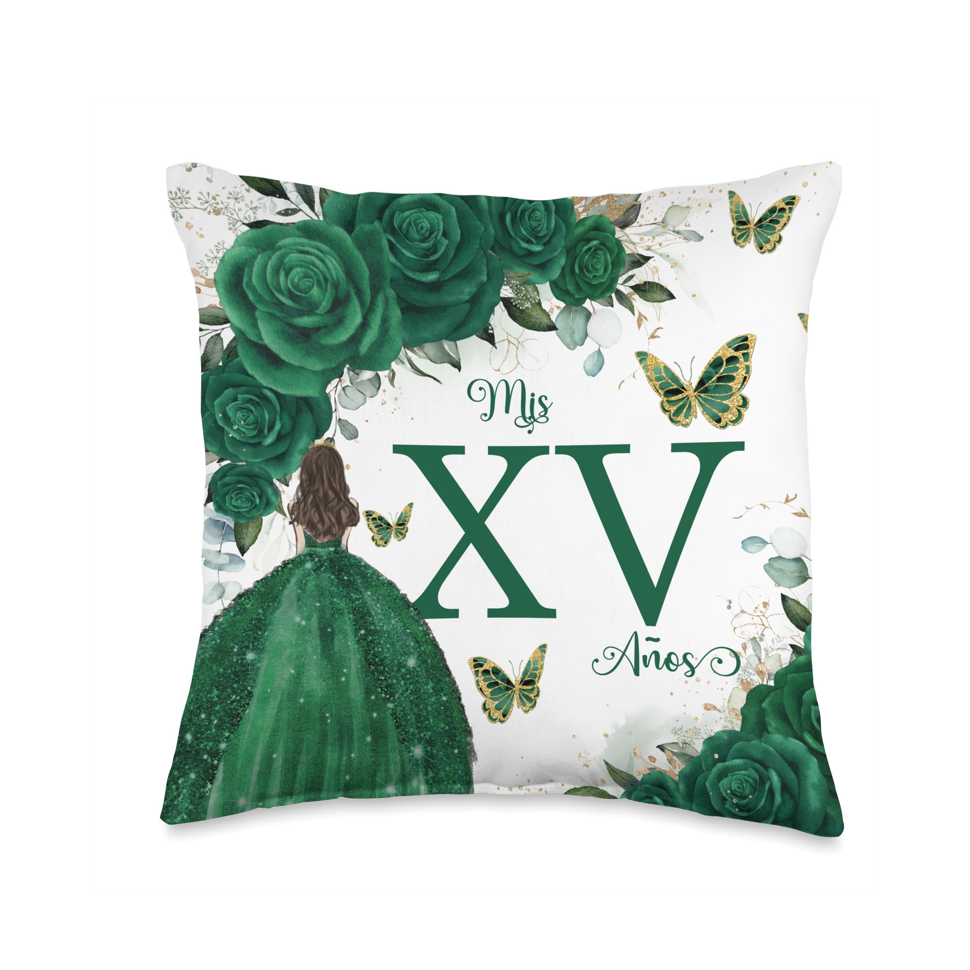 Emerald Green Floral Quinceañera Mis XV Años Throw Pillow Throw Pillow