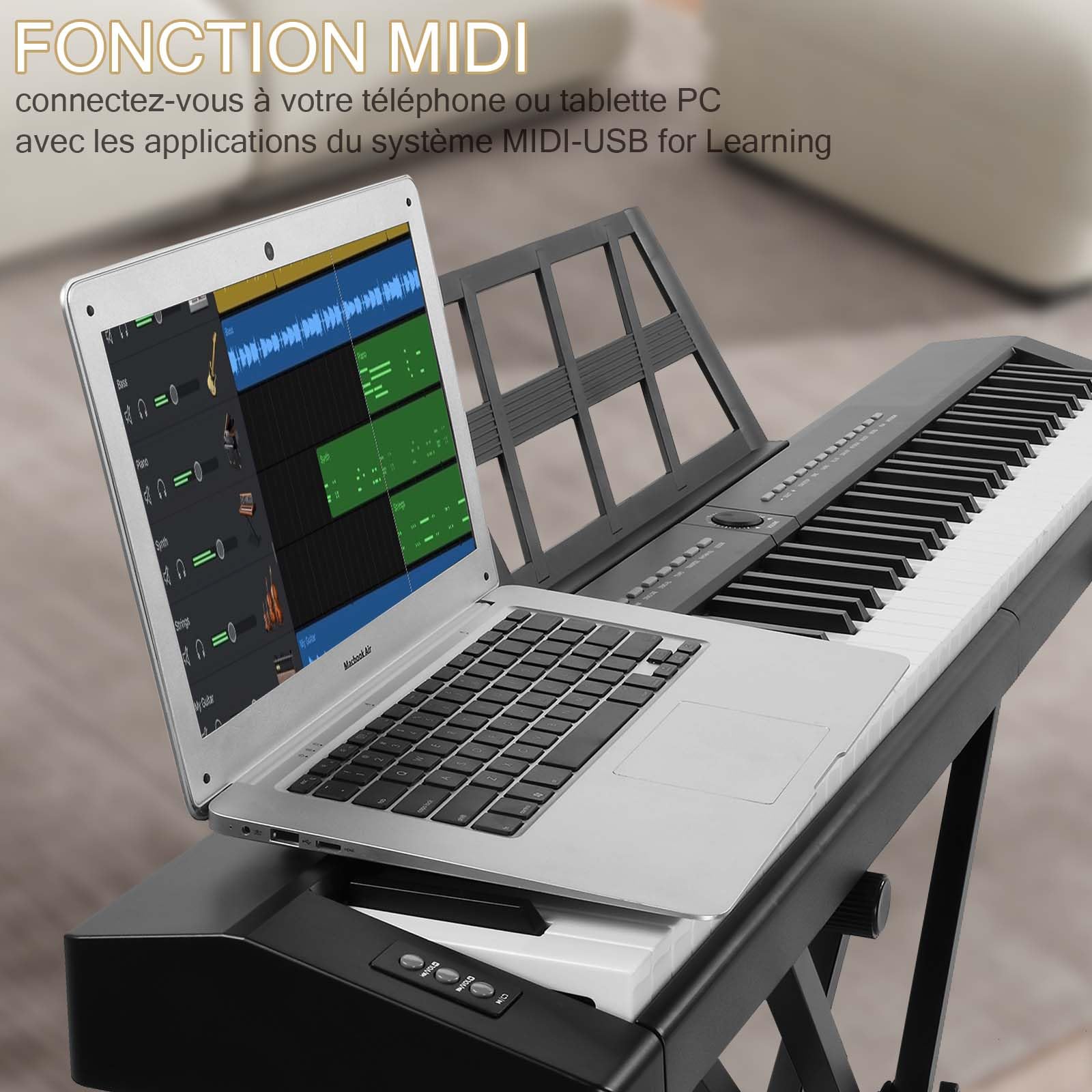 LEADZM Piano Numérique Semi-Marteau 88 Touches, avec Support en Forme de X à Double Tube, Clavier Électronique avec Pédale de Sustain, MIDI, Pupitre de Partition, Écouteurs (Noir)