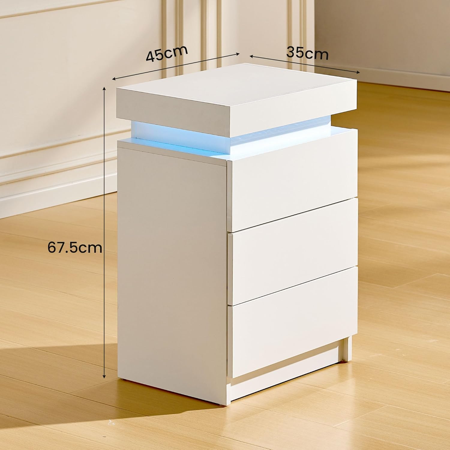 CLIPOP Modern Nightstand, LED Night Stand with 3 High Gloss Chest of Drawers, Bedside Table Cabinet with Remote Control Lights, Wood Matte Nightstand 21.6" Tall Bedroom Furniture, White