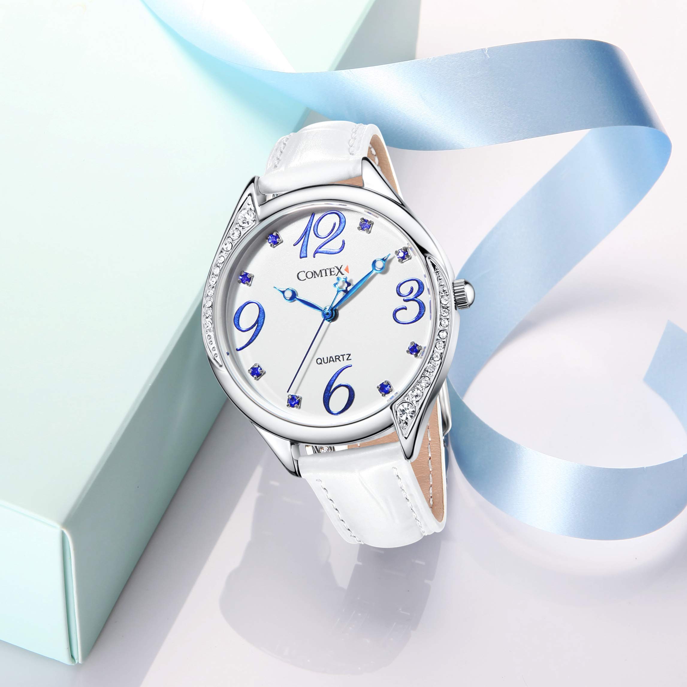 COMTEX Orologio da donna bianco con quadrante grande, in pelle, color oro rosa, cinturino in pelle bianca