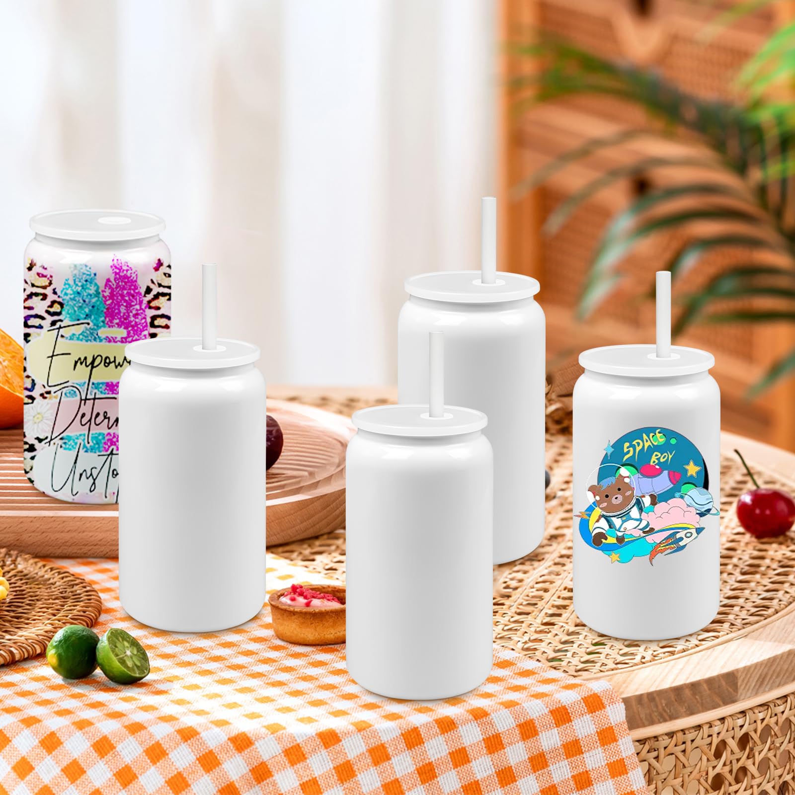 Lot de 6 gobelets vierges de sublimation pour enfants, 480 ml en acier inoxydable avec couvercles et pailles, gobelet isotherme à double paroi avec dessous de verre pour cadeau de fête