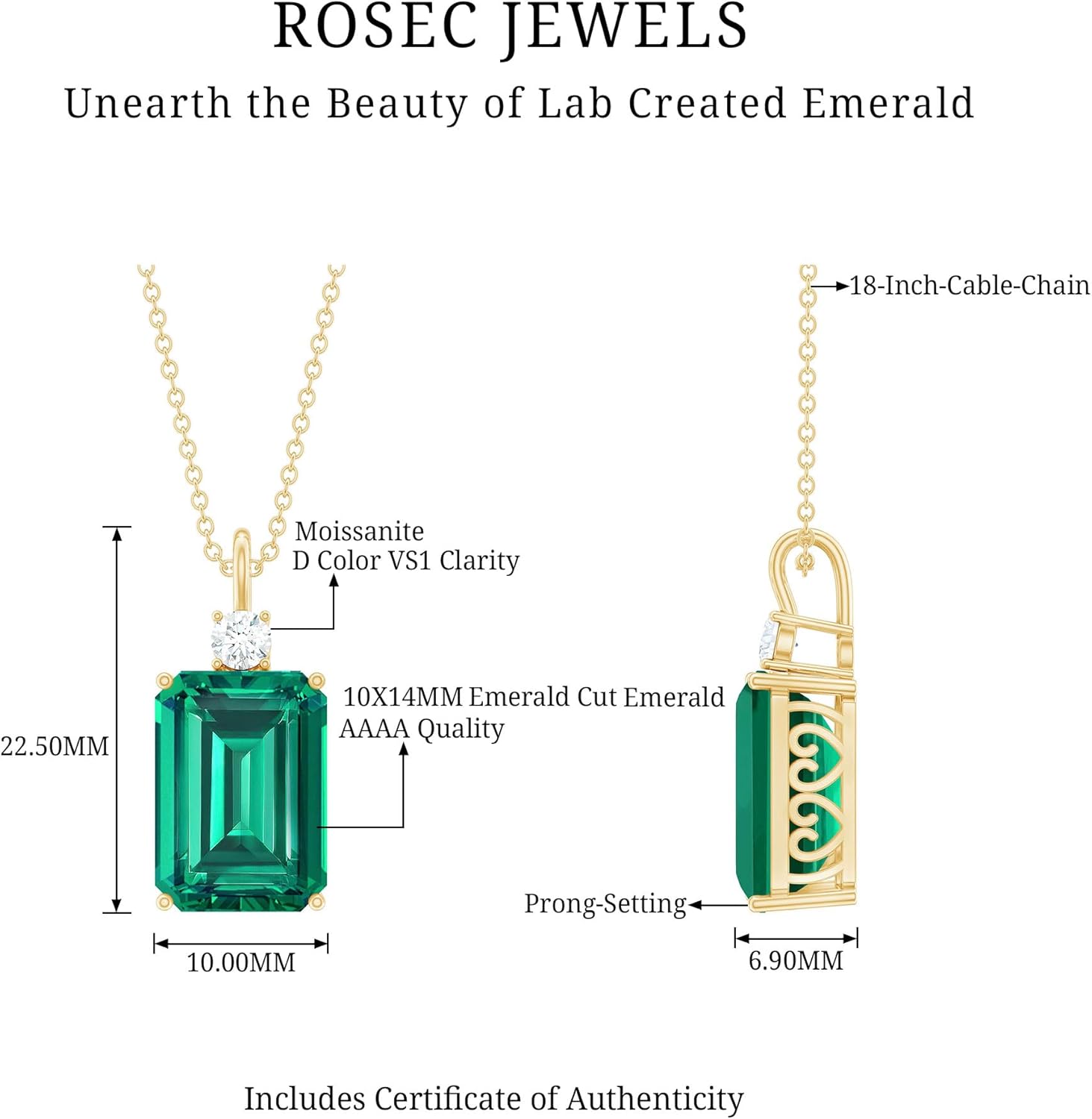 Certified 10X14mm Lab Grown Emerald Necklace with Chain, AAAA Quality, Emerald Statement Necklace For Women - Ready To Gift