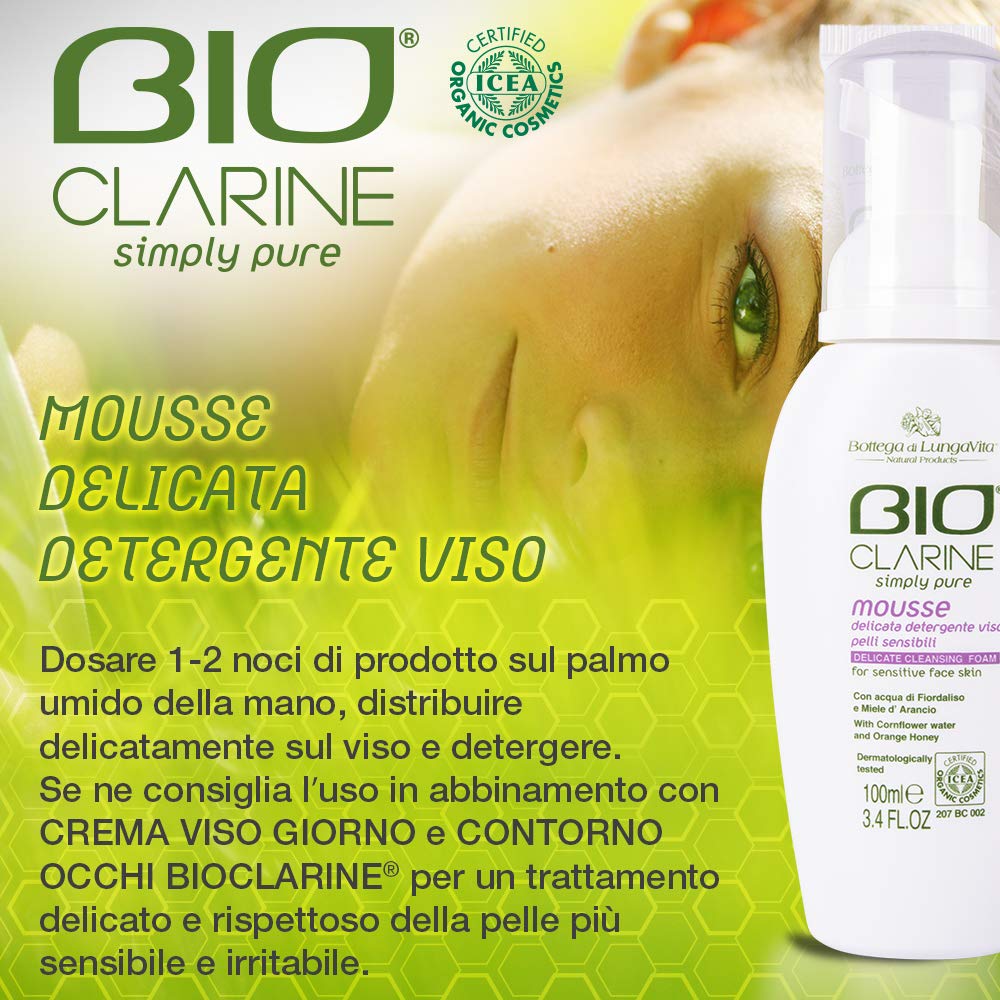 Bottega di LungaVita Natural Products MOUSSE DELICATA DETERGENTE VISO BIOCLARINE Certificata Biologica - Soffice mousse indicata per l'igiene quotidiana del viso. Cosmetico BIO - CERTIFICAZIONE ICEA