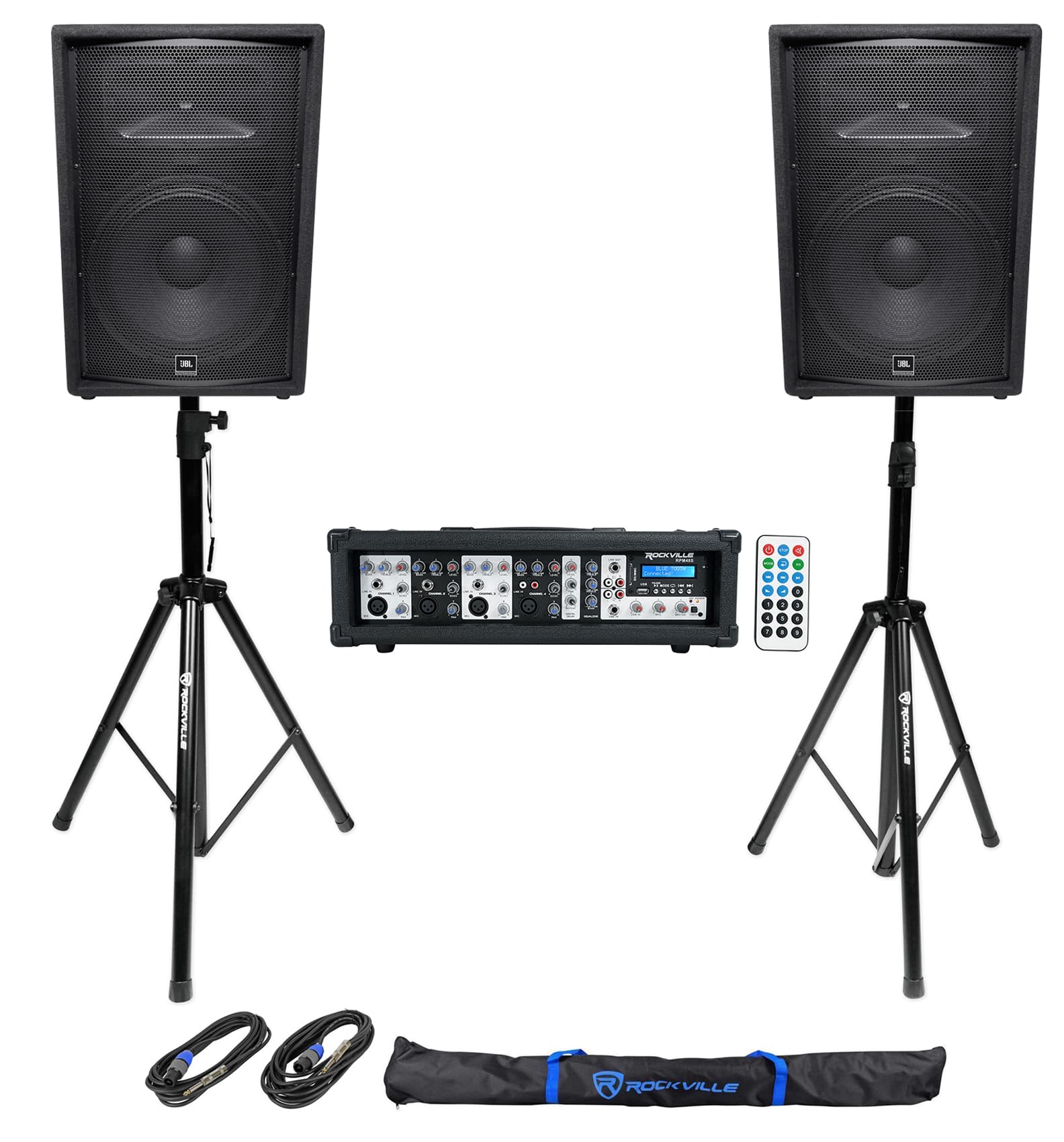 Bundle: (2) JBL Pro JRX215 1,000W Speaker Cabinet Bundle with Rockville RPM48S 2000w Powered 4 Channel Mixer/Stereo Amplifier + Pair of Rockville Tripod Speaker/Lighting Stands (4 Items)