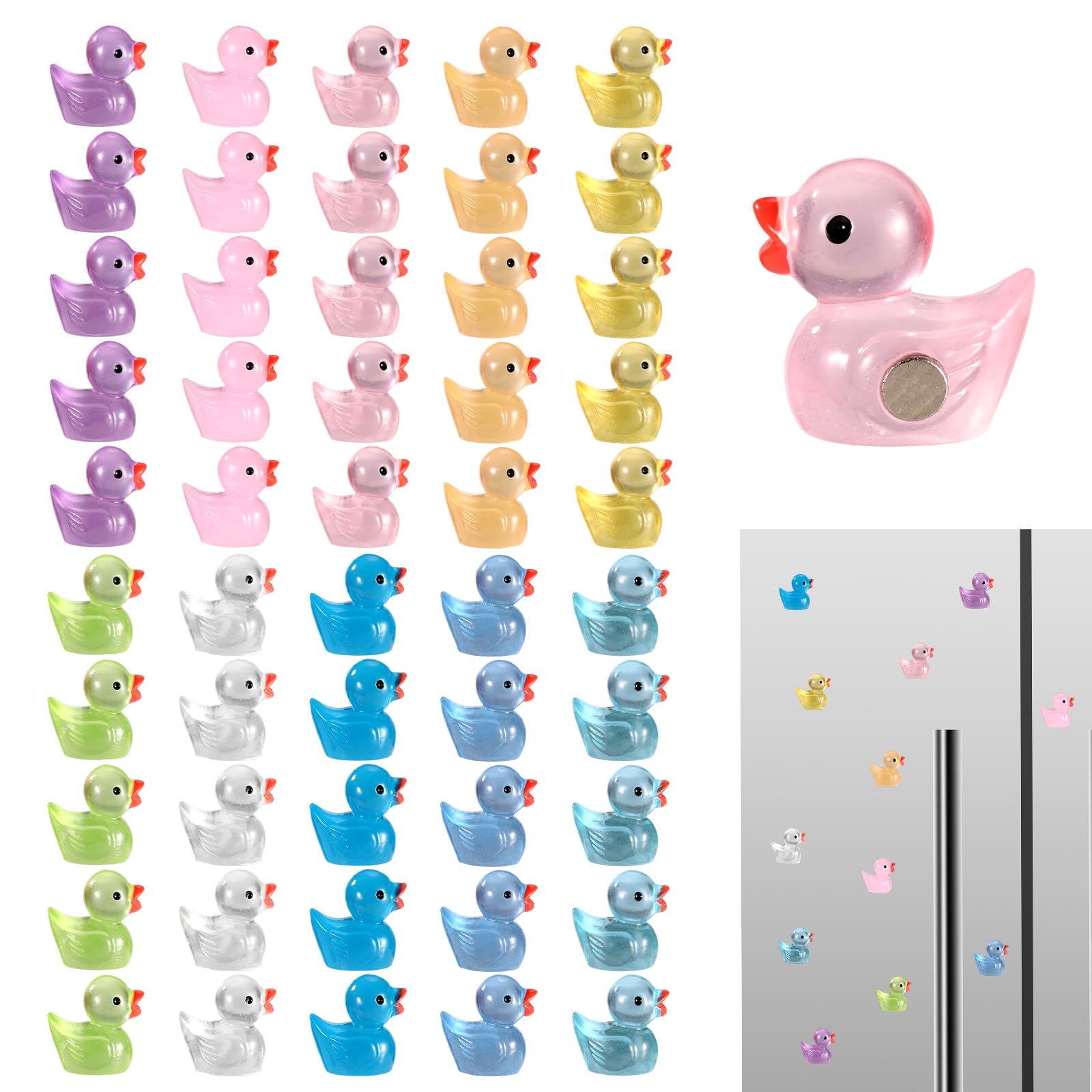 50pcs Mini Resin Duck Fridge Magnets, Luminous Magnetic Tiny Duck Cute Decorative Magnets for Refrigerator Locker Whiteboard Office Kitchen Decoration (10 Colors)
