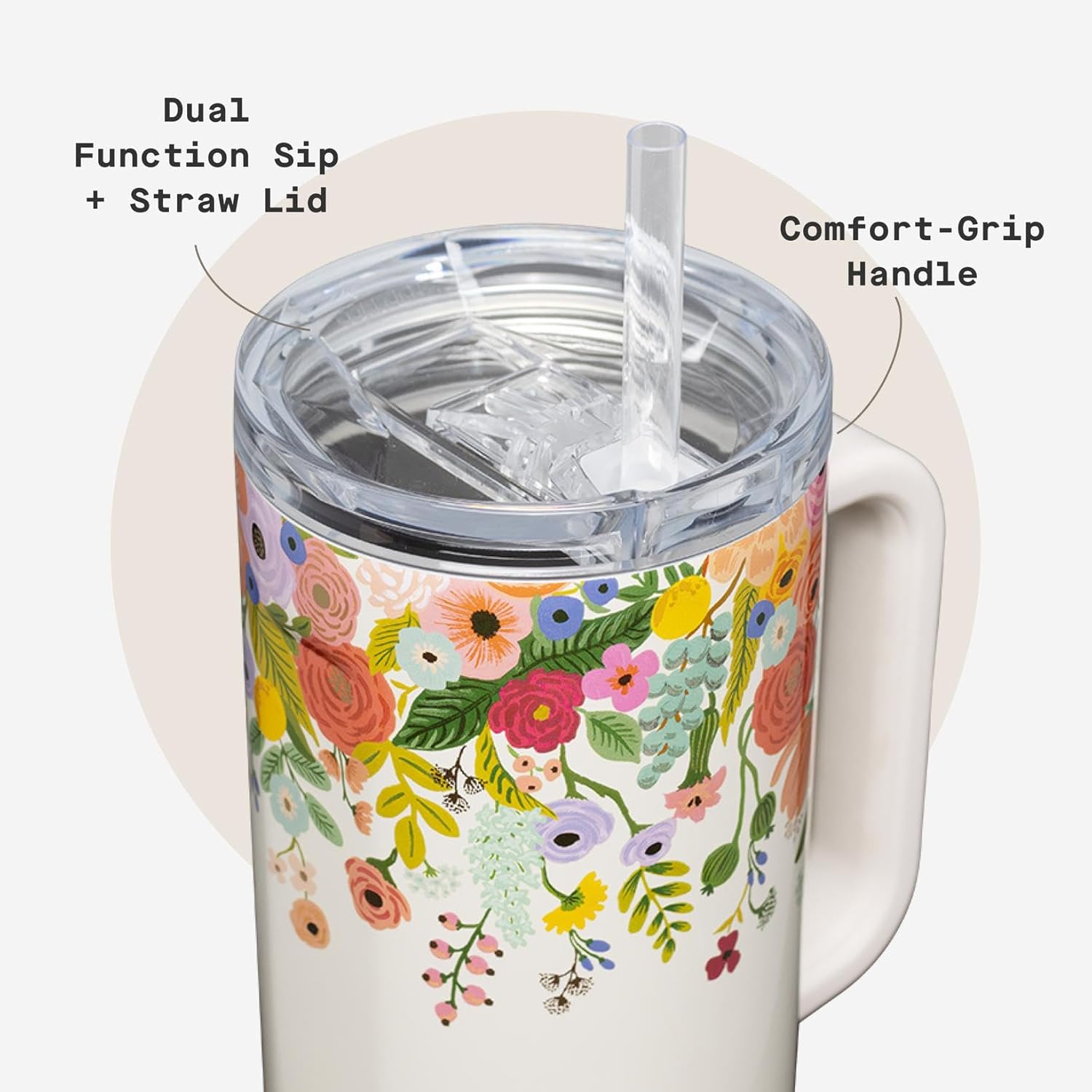 Corkcicle x Rifle Paper Co. Cruiser Insulated Tumbler with Handle & Straw - Keeps Drinks Cold 20 Hours - BPA-Free - Gift for Mom - Great for Mother's Day or Christmas - 40 oz - Garden Party Cream - Image 5