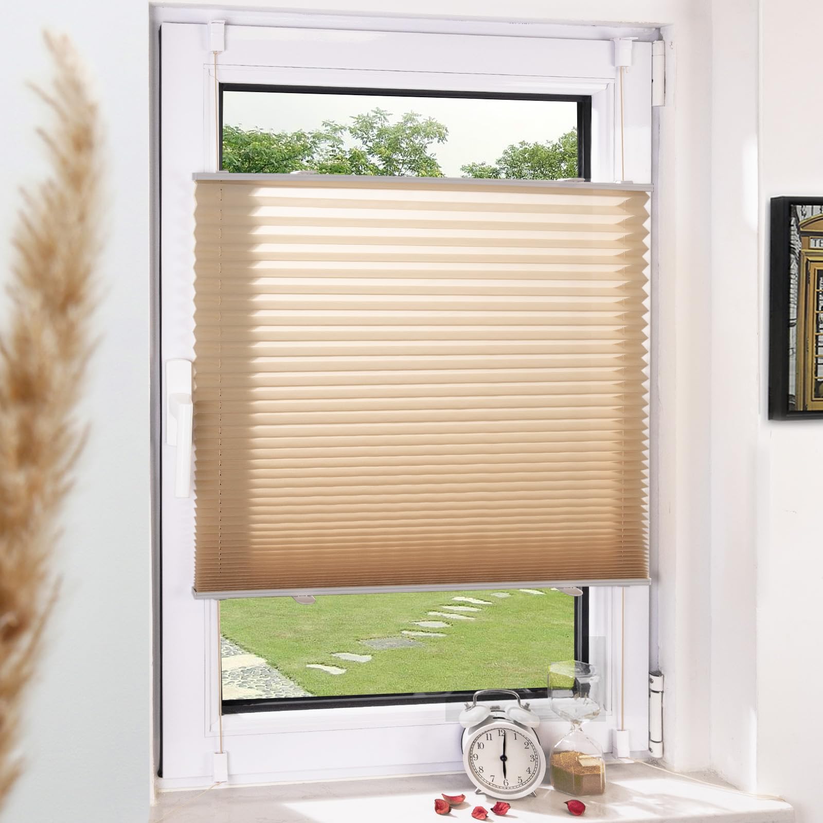 Grandekor Plissee Klemmfix ohne Bohren Creme 70x120cm(BxH) Plissees lichtdurchlässig Blickdicht Jalousien ohne Bohren Fensterrollo Klemmrollos Sonnenschutz Sichtschutz Faltrollo Rollos für Fenster