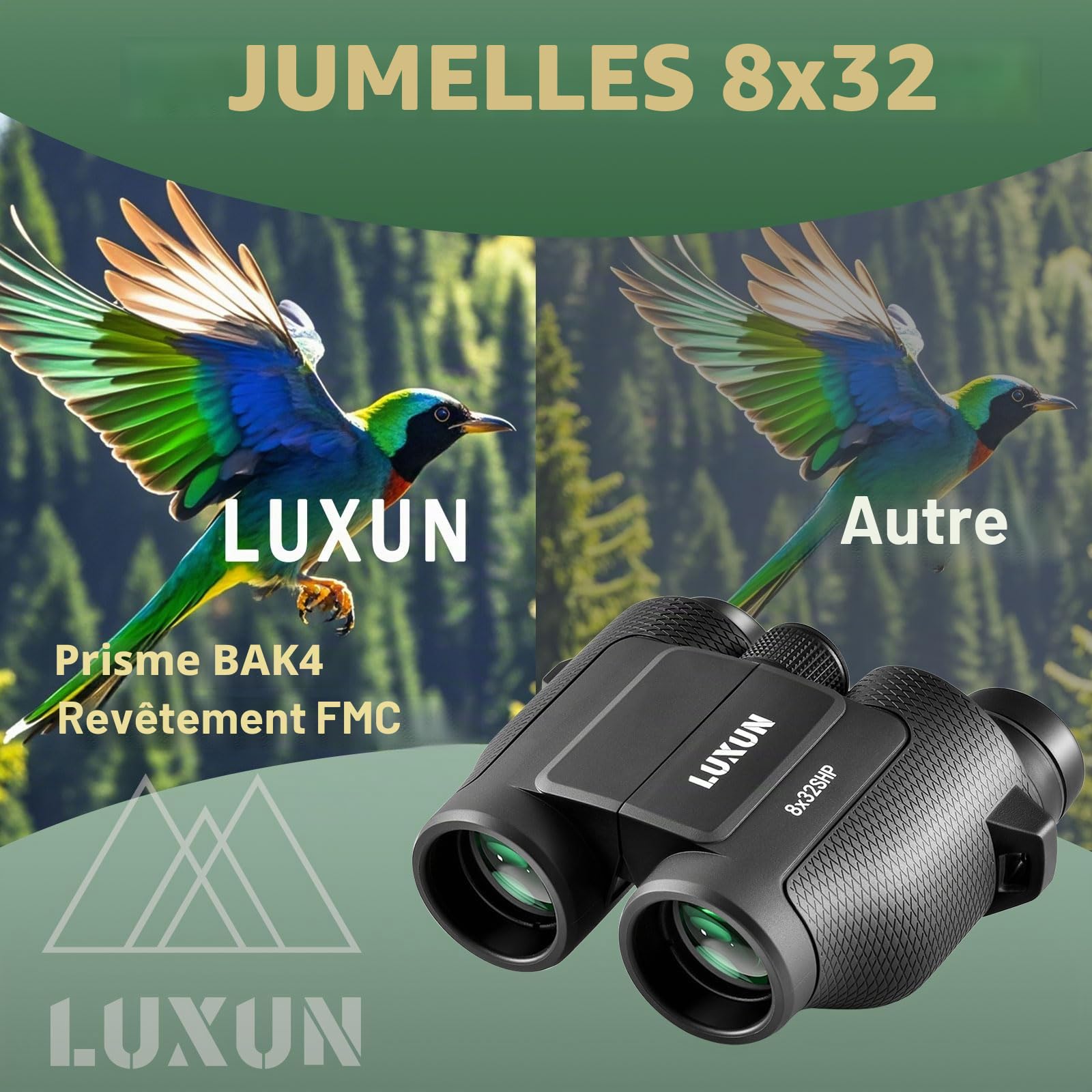 LUXUN Jumelles compactes 8 x 32 pour adulte - Pour la chasse - Grand oculaire - Ultrasharp - Pour observation des oiseaux - Noir